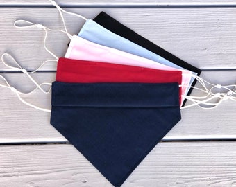 Solid Color, 2-layer Bandana Mask with adjustable ear loops & nose wire, fits 12” to 16” ear to ear, 100% cotton, reversible
