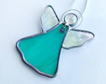 Teal Angel with Green and Blue Iridescent Charm Stained Glass Sun Catcher