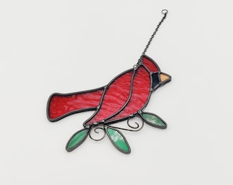 Stained Glass Cardinal Suncatcher with Green Leaves, Bird Stained Glass, Cardinal Decor, Home Decor, Handmade Gift, Red Cardinal, Bird Lover