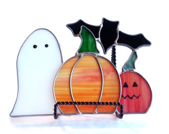 Ghost, Pumpkin & Bat Stained Glass Halloween Decor, handmade decor, Halloween decoration, stained glass, spooky, fall decor, pumpkin, autumn