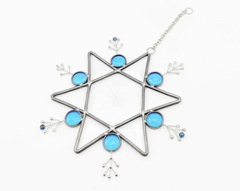 Large Blue Beveled Stained Glass Snowflake, handmade stained glass, snowflake, Winter gift, Christmas gift, Holiday decor, Blue Snowflake