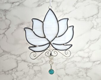 White Lotus Flower Stained Glass Suncatcher with Irid Teal Charm, flower stained glass, lotus flower decor, yoga lover gift, floral gift
