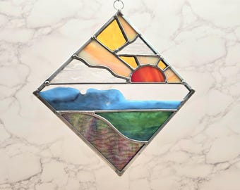 Mountain Open Edge Lanscape Stained Glass Panel, landscape suncatcher, handmade, stained glass, mountain home decor, nature, gift for her