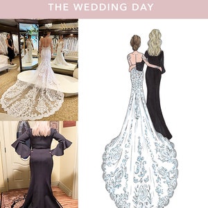 Custom illustration wedding drawing of mother of the bride and daughter in a back-facing style created with markers. This gift can be given before the wedding day morning or at the rehearsal dinner and includes a message from the bride or quote.