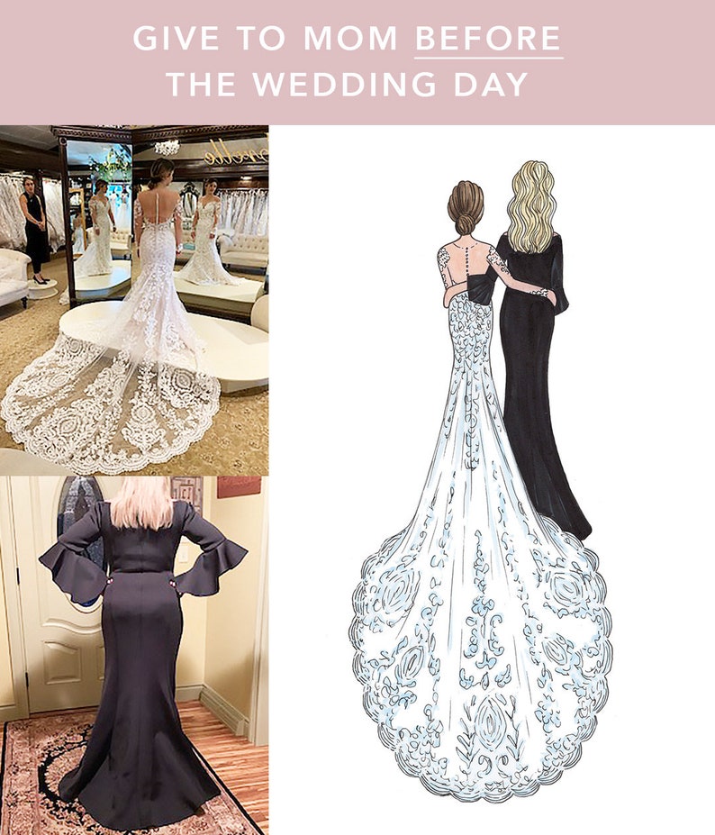 Custom illustration wedding drawing of mother of the bride and daughter in a back-facing style created with markers. This gift can be given before the wedding day morning or at the rehearsal dinner and includes a message from the bride or quote.