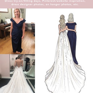Custom illustration wedding drawing of mother of the bride and daughter in a back-facing style created with markers. This gift can be given before the wedding day morning or at the rehearsal dinner and includes a message from the bride or quote.