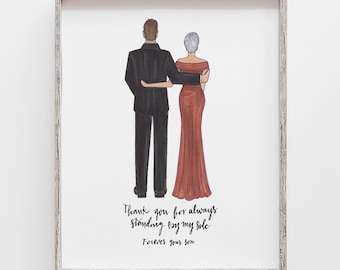 Custom Mother of the Groom Gift drawing from son or daughter in law in YOUR  suit and dresses to gift ON wedding day, PERSONALIZED present