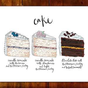 Custom Cake Flavor wedding reception sign print, dessert menu, illustration drawing, wedding table signs, personalized, let them eat cake