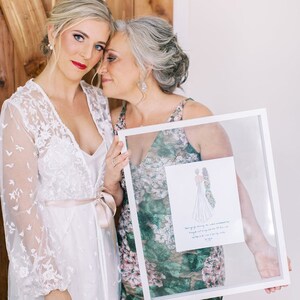 Custom illustration wedding drawing of mother of the bride and daughter in a back-facing style created with markers. This gift can be given on the wedding day morning or rehearsal dinner and includes a message from the bride or quote. Shown in frame.