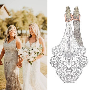Custom illustration wedding drawing of mother of the bride and daughter in a back-facing style created with markers. This gift can be given after or before the wedding day morning and can include a message from the bride or quote.