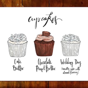 May include: Three illustrated cupcakes with different frostings and flavors: cake batter, chocolate peanut butter, and wedding day (vanilla cake with almond flavoring).