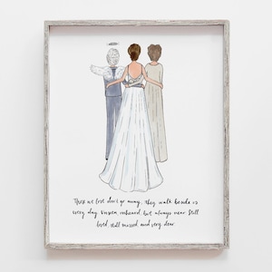 May include: A watercolor illustration of a bride walking down the aisle with her mother and a deceased loved one, who is depicted as an angel. The text reads: "Those we love don't go away, they walk beside us every day. Unseen, unheard, but always near. Still loved, still missed, and very dear."