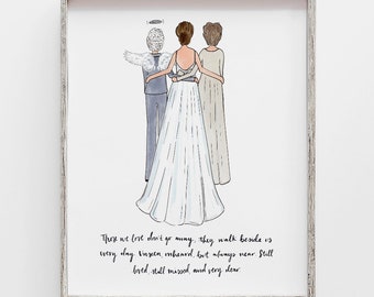 Custom Remembrance Mother of the Bride Gift Drawing of mom, daughter & angel grandmother, PERSONALIZED gift from bride or mom, halo