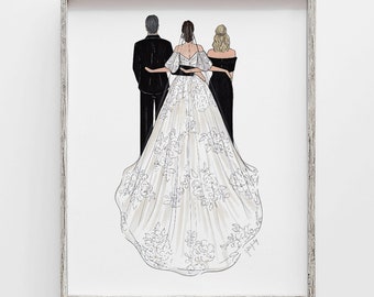 Custom Parents of the Bride Gift drawing from daughter to mother or father in YOUR dresses to gift ON wedding day, PERSONALIZED family