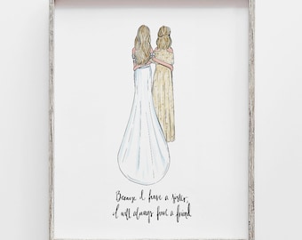 Custom Bridesmaid Drawing of bride and Maid of honor, Matron of honor or Sister. PERSONALIZED to match your wedding dresses