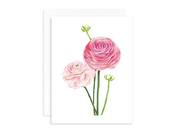 May include: A watercolor painting of pink ranunculus flowers with green stems and leaves on a white background.