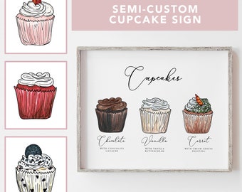 Semi-Custom Cupcake Flavor Sign for wedding reception or party, dessert menu, cake table signs, drawing of cupcakes, wedding cupcake sign