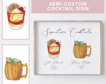 Semi-Custom Signature Cocktail Sign: Wedding Bar Menu, Drink Drawing