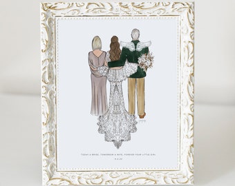 Custom Wedding Remembrance Portrait: Mother, Bride & Angel Father Art Print
