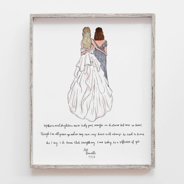 Custom Mother of the Bride Gift drawing from daughter in YOUR dresses to gift ON wedding day, PERSONALIZED gift from bride or mom