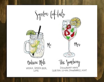 Custom Signature Cocktail Sign Drawing, personalized drinks illustration print, his and hers, open bar, wedding menu, cheers, alcohol, recip