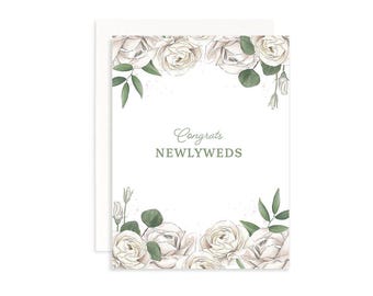 Congrats Newlyweds Greeting Card | Marker Drawing, wedding card, white roses eucalyptus notecards, wedding gift