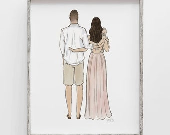 Custom New Baby Mother and Father Gift drawing from family or friend, newborn print art, Family portrait gift, PERSONALIZED gift