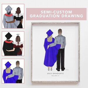 May include: A digital illustration of a couple in graduation attire. The woman is wearing a blue cap and gown and the man is wearing a gray jacket and black pants. The text "2023 GRADUATE You did it!" is below the couple.