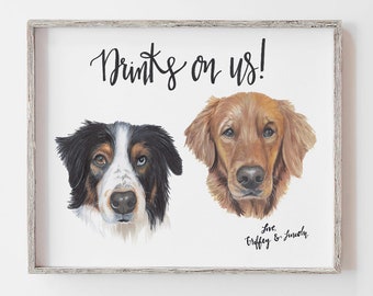 Custom Bar Wedding Sign with Pet portrait, bar menu, specialty signature cocktail drinks with dog or cat drawing, PERSONALIZED signage