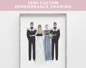 Remembrance Gift Drawing of mother of the bride, daughter, father, & family members - Gift from daughter - semi-custom angel halo