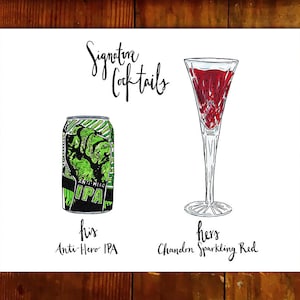 Custom Beer and/or Wine Sign Drawing, personalized beer illustration print, his and hers, open bar, wedding menu, alcohol, beer and wine bar