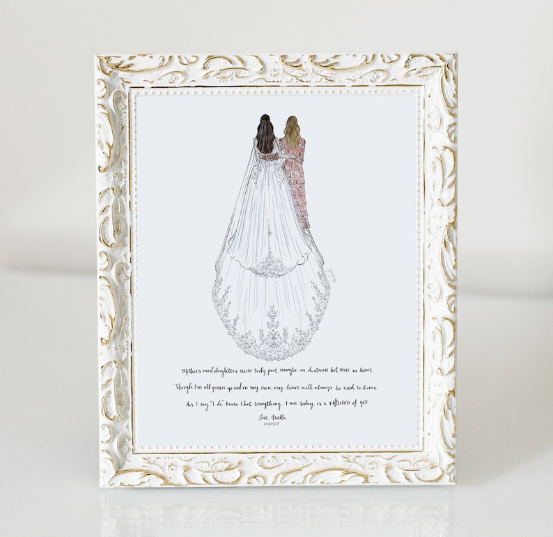 May include: A black and white illustration of a bride and her mother walking down the aisle. The bride is wearing a white gown with a long veil. The mother is wearing a floral dress. The text reads: "Mothers and daughters never truly part, maybe in distant places but never in heart. Though I'm all grown up and on my own, my heart will always be tied to home. As I say, 'I don't know that everything I am today is a reflection of you.'" - Lori Beth