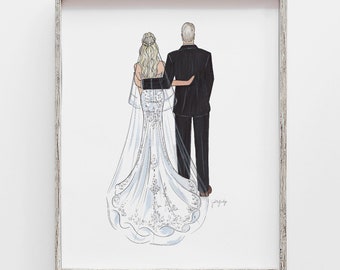 Custom Father of the Bride Gift drawing from daughter in YOUR dress and suit to gift ON wedding day, PERSONALIZED gift from bride or dad