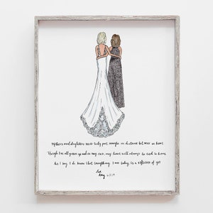 Mother of the Bride and Daughter Gift from mom to bride on wedding morning. PERSONALIZED Drawing in YOUR wedding dresses.