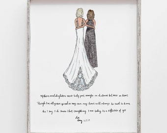 Mother of the Bride and Daughter Gift from mom to bride on wedding morning. PERSONALIZED Drawing in YOUR wedding dresses.