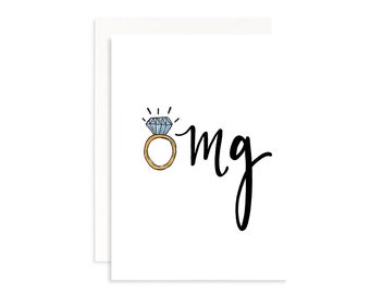 Bridesmaid Proposal Folded Notecard - OMG with ring illustration - engaged - will you be my bridesmaid? bridal party funny wedding card