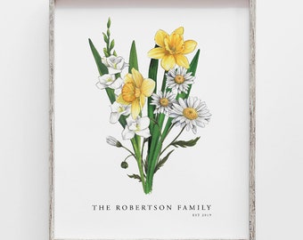 Bouquet de famille de fleurs de naissance personnalisé - cadeau PERSONNALISÉ fête des mères, oeuvre d'art pour la maison, cadeau grand-mère, portrait de famille floral, jardin de grand-mère