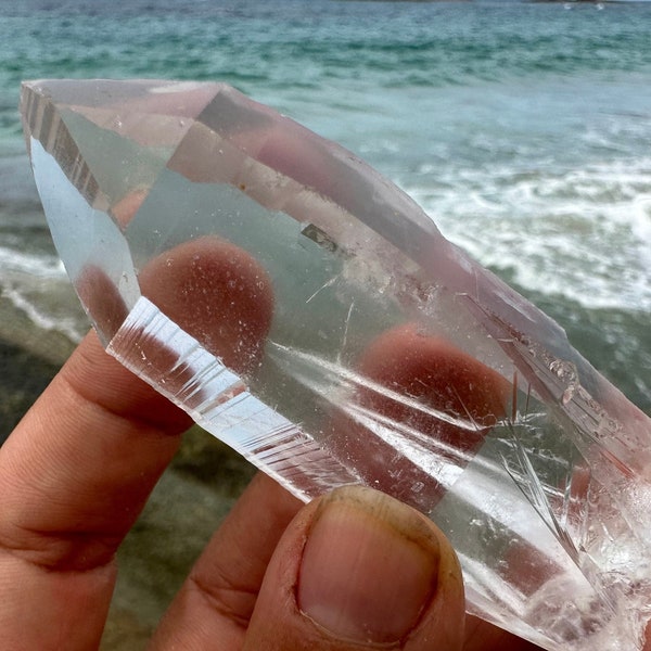 101g Large Optical Lemurian Seed Quartz Crystal with Penetrator, Deep Keys, Stunning Clarity and Luster | Serra do Cabral, Brazil | RARE