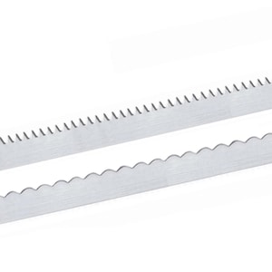 May include: Two silver blades with different edge designs. The top blade has a serrated edge, while the bottom blade has a scalloped edge.