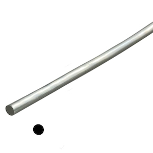 May include: A straight, silver-colored metal rod, possibly steel or aluminum, is diagonally positioned against a white background. The rod has a cylindrical shape and a smooth surface. A small, solid black circle is near the rod.