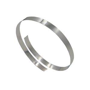 May include: A shiny, silver metal bracelet with a simple, minimalist design. The bracelet is a continuous band with a slight curve, and it appears to be made of a polished metal. The bracelet is shown against a white background.