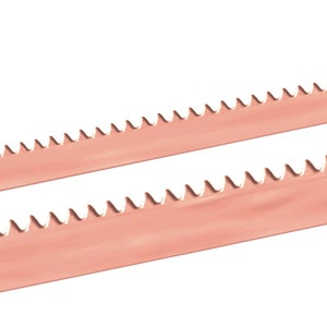 May include: Two copper-colored, serrated metal strips are displayed against a white background. The strips are parallel and angled, with a series of evenly spaced, semi-circular teeth along one edge. The metal has a smooth, reflective surface.