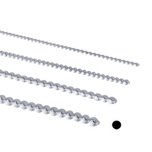 May include: Four strands of silver ball chain are displayed against a white background. The chains vary in length and thickness, with the closest chain appearing the thickest. A small black dot is in the lower right corner.
