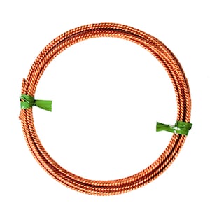 May include: A circular coil of metallic copper-colored twisted wire. The wire is formed into a continuous loop and is secured at two points on opposite sides by small, bright green plastic-coated wire ties to maintain its circular shape.