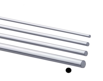 May include: Four shiny, silver metal rods of varying thicknesses are arranged diagonally against a white background. The rods appear to be made of a smooth, reflective material, possibly steel or aluminum. The rods are cylindrical.