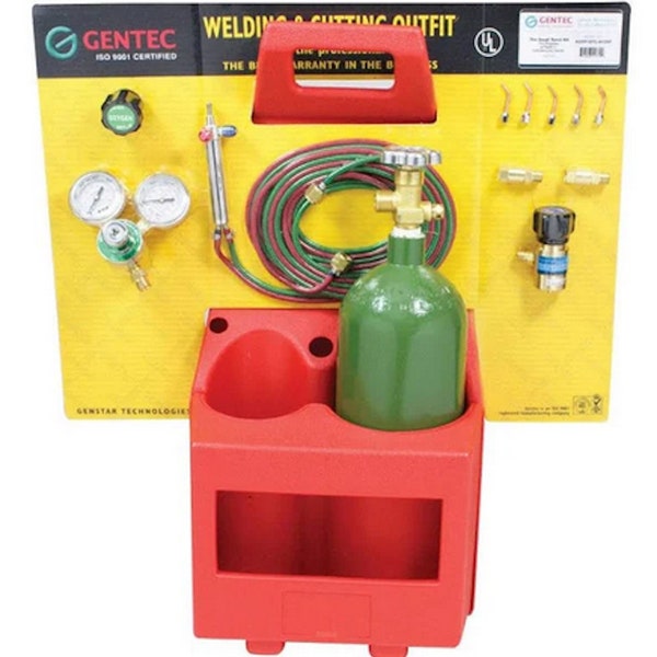 Gentec Small Torch Caddy Kit, Oxygen/Propane torch handle, hoses, five tips, regulators, and tanks with a handy plastic carrying caddy