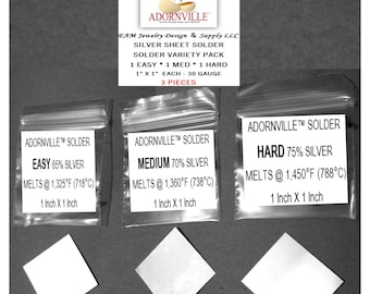Adornville® Silver Sheet SOLDER Variety Pack 1Easy+1Med+1Hard 1 inch (25.4)mm X 1 inch EACH 30 Gauge 3 Pieces Solder