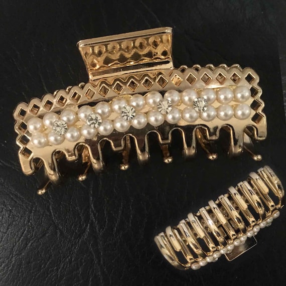 l White Pearl Glitter Hair Claw Jaw Hair Claw Gold Tone Plastic Inner
