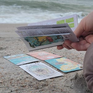 May include: A tarot card reading on a sandy beach. Several illustrated tarot cards are laid out, with a hand holding a booklet above them. The cards feature colorful illustrations of various scenes and symbols, with the ocean in the background.