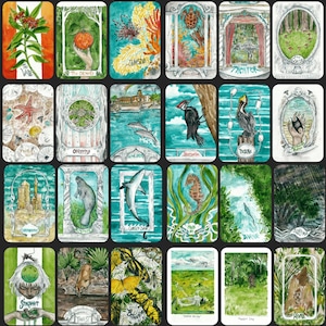 May include: A collection of watercolor tarot cards, each featuring unique illustrations and titles. The cards depict various themes, including nature, animals, and abstract concepts. The color palette includes greens, blues, oranges, and yellows.